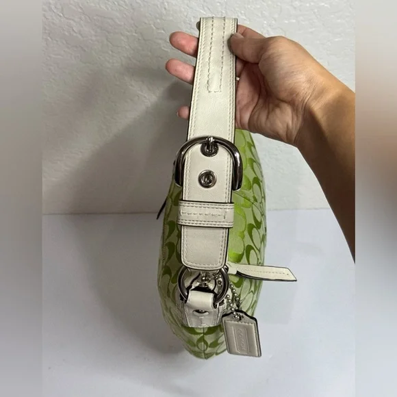 Coach APPLE GREEN Signature Canvas White Leather Trim Shoulder Bag